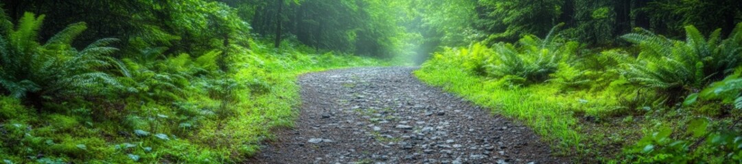 Peaceful Forest Trail Covered in Fresh Greenery and Ferns. Generative AI