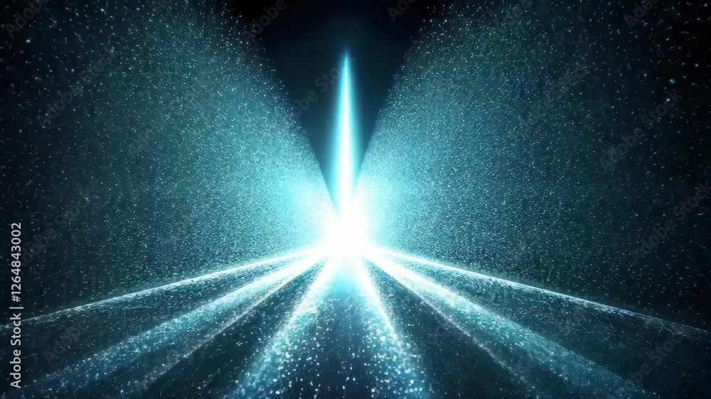 Poster a bright light beam emanating from a central point, surrounded by a mist or particles, creating a dr