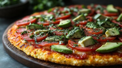 Healthy pizza with tomato avocado and fresh herbs topping. Generative AI