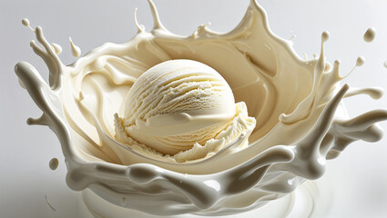 Vanilla Ice Cream Splashing in Creamy Milk Perfect for food-related concepts, dairy products, dessert advertisements, and indulgence themes