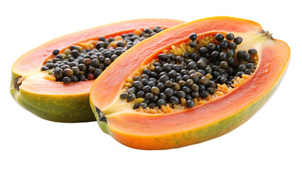 halved papaya with black seeds isolated on transparent background png