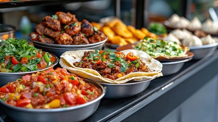 Fototapeta premium Vibrant and Bustling Street Food Market Stall Showcasing a Diverse Array of Appetizing Culinary Offerings from Grilled Meats and Sizzling Snacks to Colorful Dips and Garnishes
