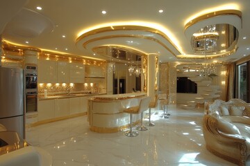 Modern luxurious kitchen and living area featuring elegant decor and bright lighting in a contemporary home