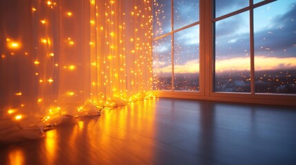 Fototapeta premium Cozy Indoor Setting with Fairy Lights and Window View. Generative AI