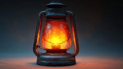 Old rustic oil lantern glowing with warm light against dark backdrop. Generative AI