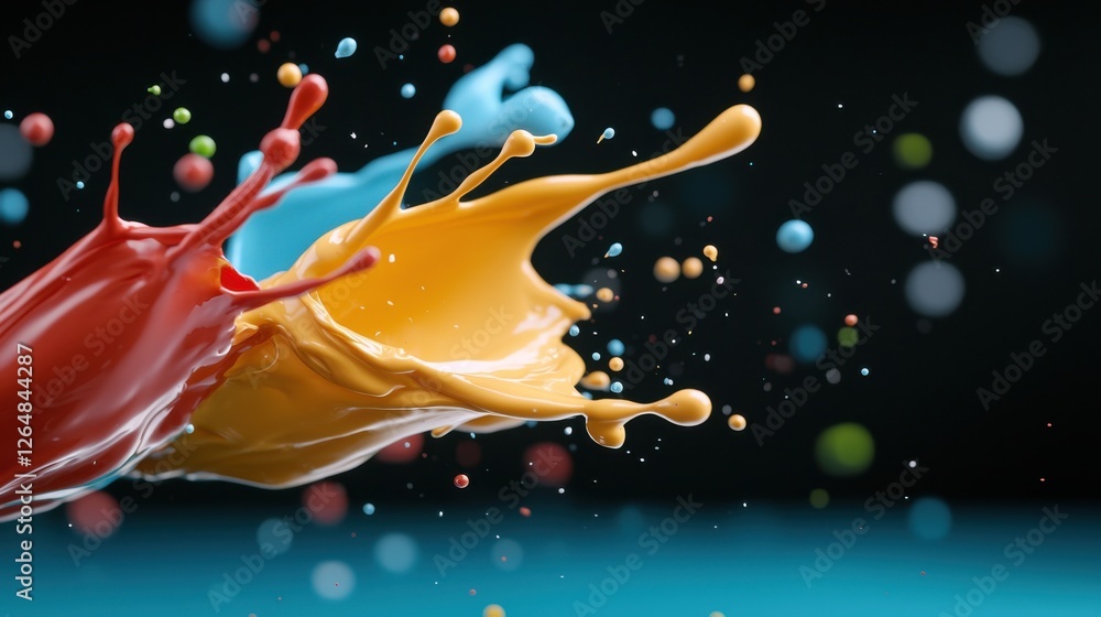 Poster vibrant dynamic paint splash abstract art composition with vivid colorful liquid eruption effect dig