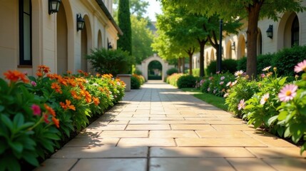 Serene Pathway Through a Sunlit Garden with Vibrant Blooms and Elegant Architecture