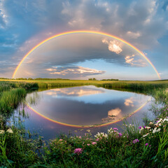 Naklejka premium Enchanting Rainbow Over Serene Landscapes with Meadow and Lake Reflection