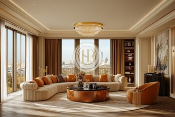 Luxurious living room with modern decor and stunning city views captures elegance and tranquility in a stylish urban setting