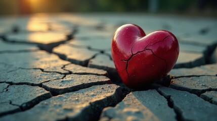 Fototapeta premium A Cracked Crimson Heart Rests on Parched Earth at Sunset, a Symbol of Fragility and Resilience