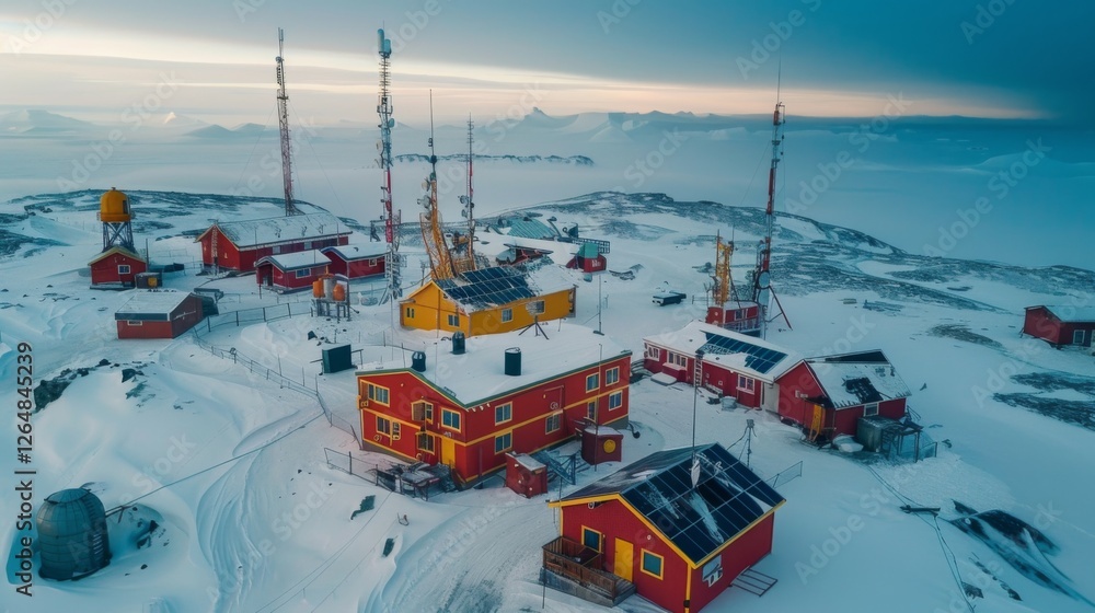 Poster two story buildings with solar panels and communication towers are set amidst a vast snowy landscape