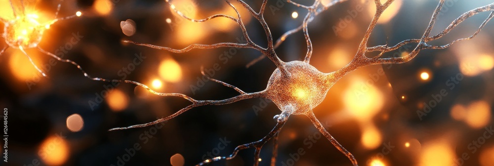 Poster glowing neural network in action microscopic view of synaptic activity and brain function