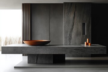 Modern kitchen interior showcasing a sleek stone counter with a wooden bowl and minimalist decor in natural light