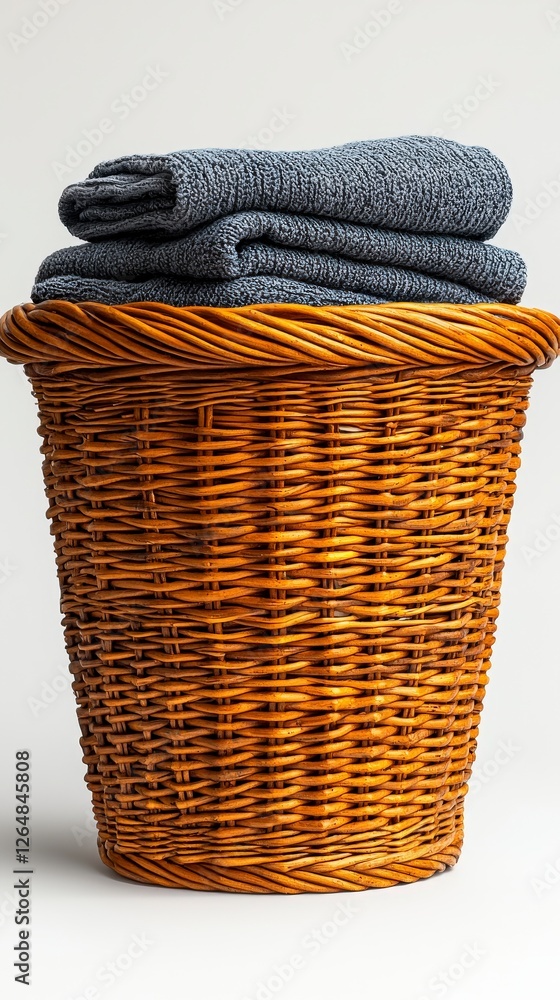 Poster this image captures a simple wicker basket containing neatly folded dark towels against a pale backd