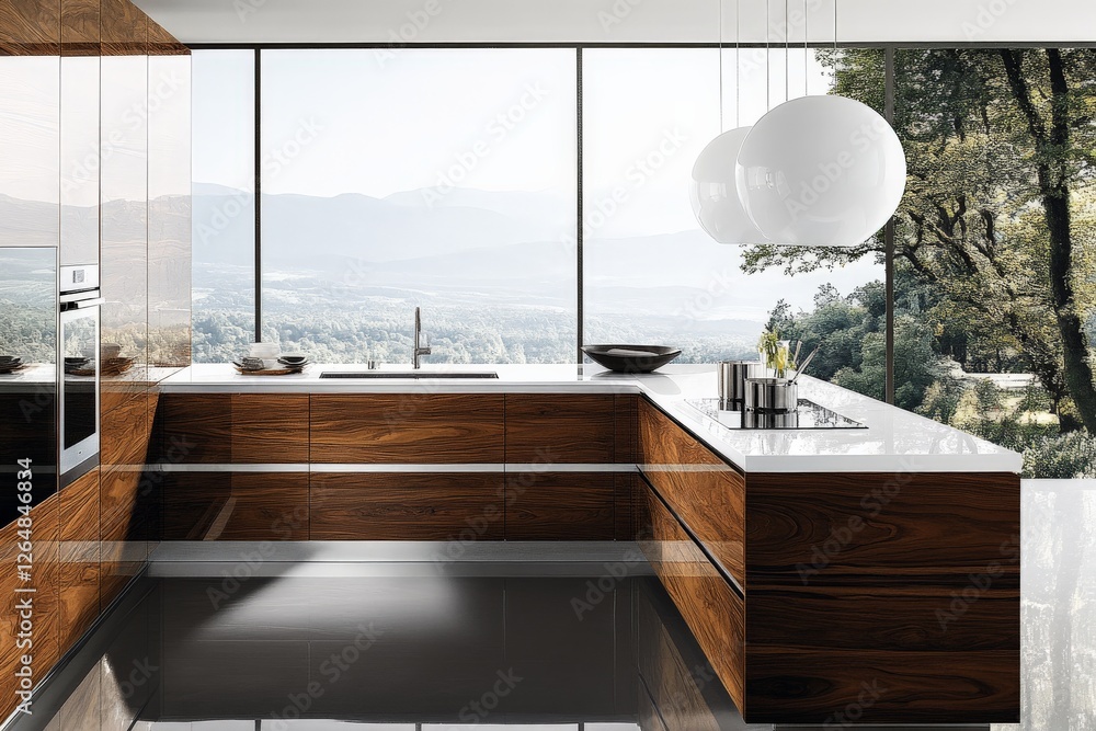 Aufkleber modern kitchen design featuring large windows with a beautiful mountain view in daylight hours