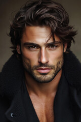 Fototapeta premium photo of a young Mediterranean man with tanned skin, chiseled jawline, and tousled dark brown hair, gazing intensely at the camera. His facial features are strong and well-defined 