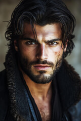 photo of a young Mediterranean man with tanned skin, chiseled jawline, and tousled dark brown hair, gazing intensely at the camera. His facial features are strong and well-defined 