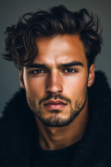 Fototapeta premium photo of a young Mediterranean man with tanned skin, chiseled jawline, and tousled dark brown hair, gazing intensely at the camera. His facial features are strong and well-defined 
