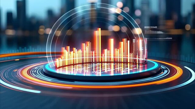 A vibrant 3D graphic of data visualization with glowing bars and circles, representing statistical information or analytics.