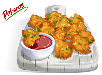 Potato Pakoras Served on Rustic Wooden Board with Ketchup. Authentic Indian Street Fried Fritters Illustration