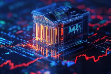 miniature bank building with digital stock market data overlay, dynamic financial graphs and glowing circuit patterns