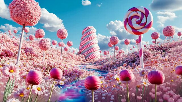 Pink Candy Land With Swirling Lollipop Tower And Flower Field