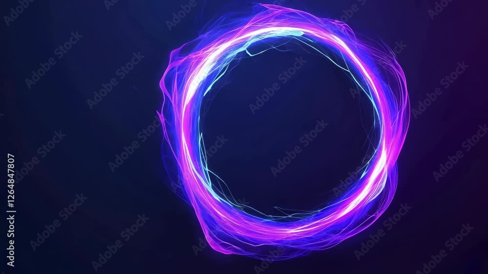 Poster glowing neon circle with vibrant pink and blue light trails on dark background creates futuristic an