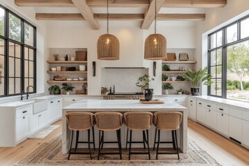 Elegant and modern kitchen design featuring natural materials and bright lighting in a spacious layout