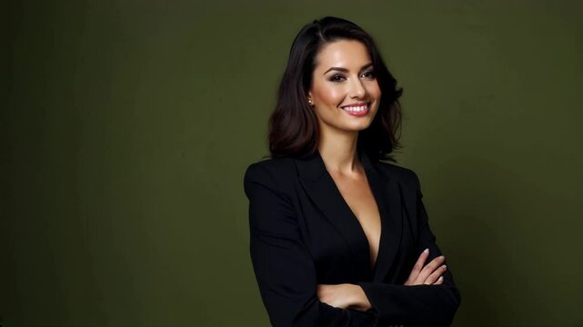 A woman in formal black attire stands confidently with arms crossed, showcasing a stylish and assertive appearance against a neutral backdrop.