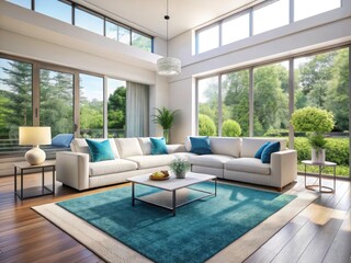 Fototapeta premium Modern white living room, spacious with blue rug, opens to patio.