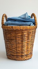 Obraz premium A soothing arrangement of soft blue towels placed in an elegant wicker basket, set against a muted background, reflecting tranquility and cleanliness, perfect for bath lovers.