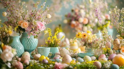 Elegant Floral Arrangement with Colorful Eggs for Easter Celebration