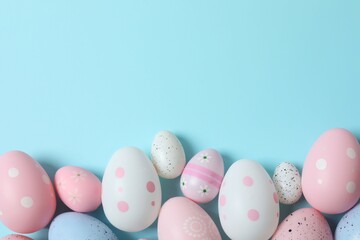 Happy Easter. Colorful eggs on a pastel blue background, space for text or advertising
