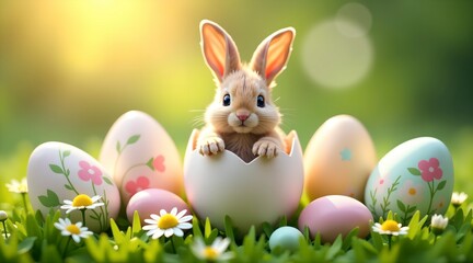 Easter bunny is sitting in an eggshell in a field of flowers