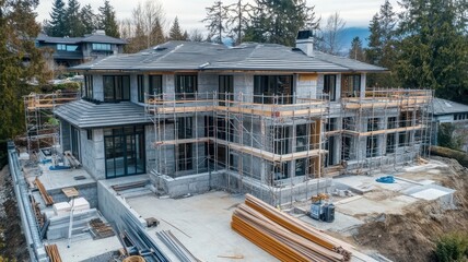 Obraz premium Luxurious home under construction surrounded by trees