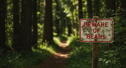 Beware of Bears Sign on Forest Trail Implies Danger and Caution