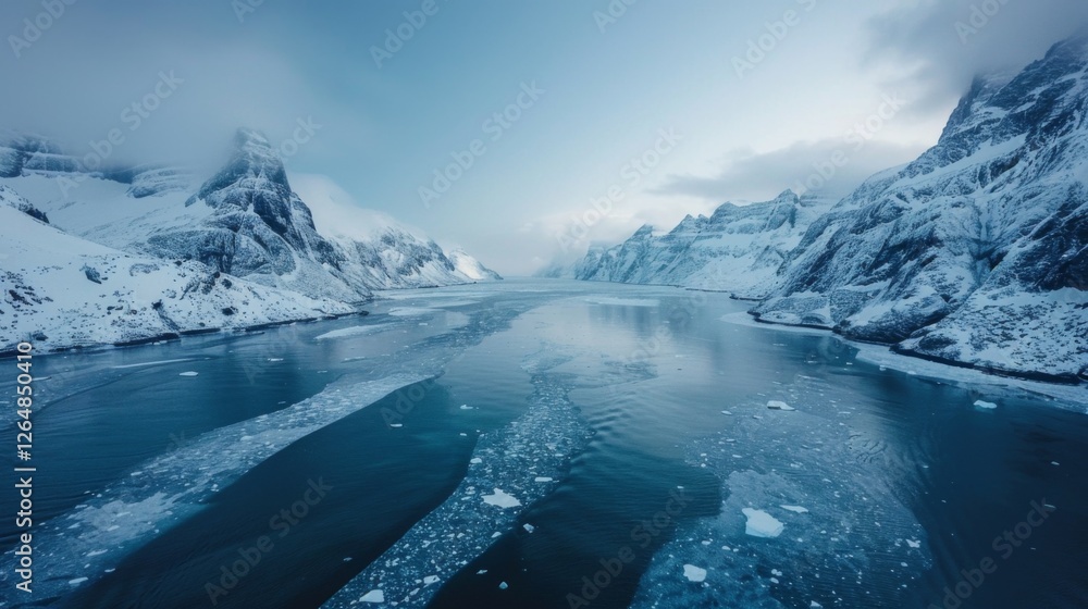 Poster majestic peaks surround a pristine waterway filled with floating ice. the serene atmosphere is enhan