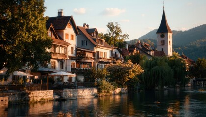 Fototapeta premium Houses by River at Sunset, Old European Town. Travel stock, holiday scenery