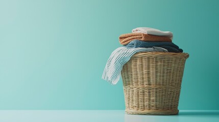 A large wicker basket full of neatly stacked clothes conveys a sense of order and calm, with turquoise tones enhancing a serene environment.