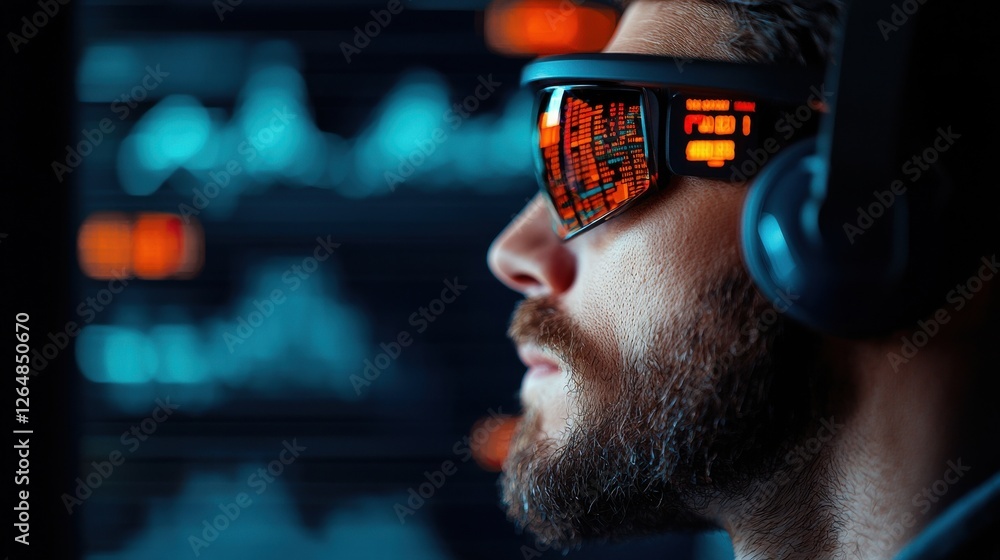 Poster futuristic market scene with traders using advanced augmented reality dashboard to monitor real time