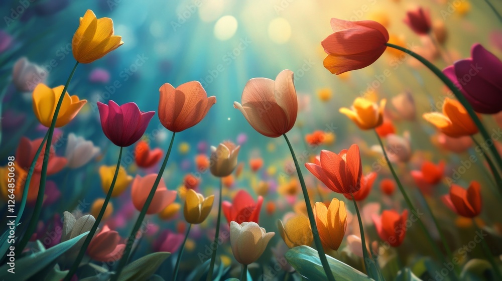 Poster colorful tulip field with soft light and vibrant bokeh effect