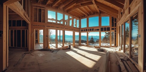 Spacious mountain view from an unfinished wooden house interior