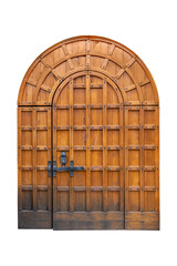 Transparent, massive wooden doors with arched top, reinforced with horizontal and vertical planks,...