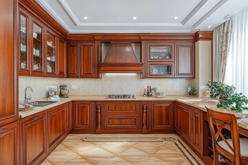 Fototapeta premium Elegant modern kitchen featuring rich wooden cabinetry and sophisticated design elements in a bright and inviting space