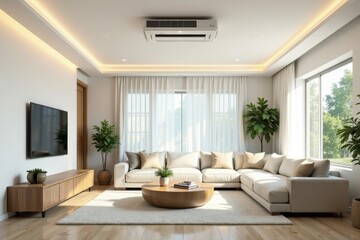 Modern minimalist living room interior design with sunlight streaming through sheer curtains, showcasing a beige sectional sofa, wooden coffee table, and contemporary wooden entertainment center.