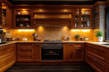 Warm wooden kitchen design with modern appliances and ambient lighting features inviting atmosphere for cooking