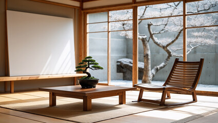 Serene Japanese Zen Interior with Bonsai and Minimalist Decor minimalist white canvas on the wall adds to the simplicity and elegance of this Zen-inspired living space