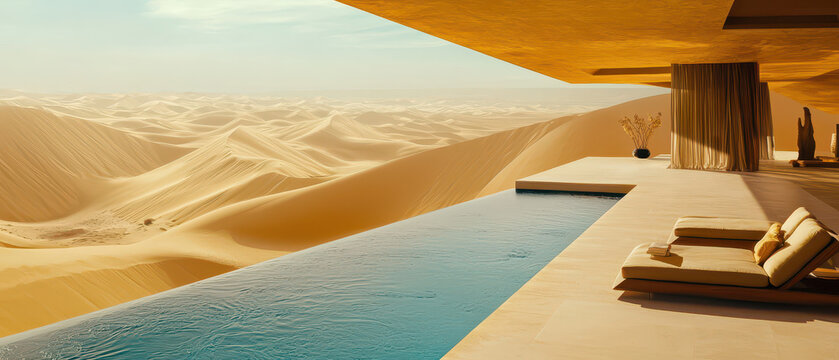 A luxurious infinity pool overlooks vast desert dunes under a clear sky, offering a serene escape in a modern architectural setting.