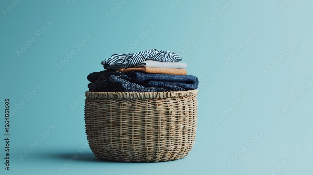 Poster the image features a wicker basket filled with neatly folded clothes in various colors. the soft hue
