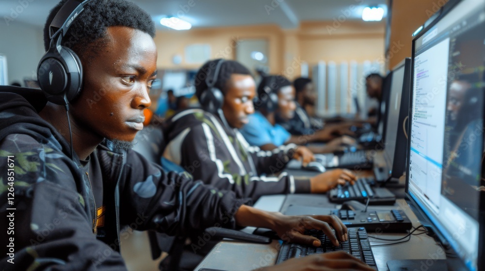 Poster Group of students focused on programming tasks inside a computer lab equipped with multiple workstations and software, fostering collaboration and technical skills development.